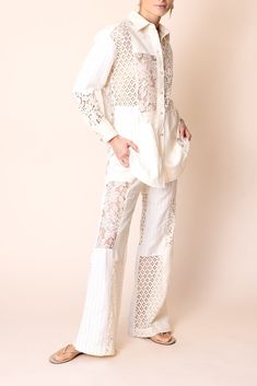 Zimmermann luminosity patch shirt in cream. 55% cotton 45% linen Dry Clean Imported Lace Coord Sets For Women, Patch Work Fashion, Patch Work Embroidery, Zara Shirt Dress, Embroidery Pants, Patch Pants, Patch Shirt, Shirt Embroidery, Patch Work