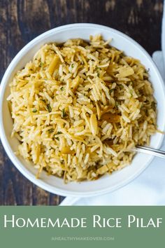 homemade rice pilaf in a white bowl on a wooden table with text overlay