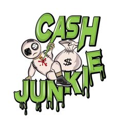 the words cash junk and a cartoon character with money bags in their hands are depicted