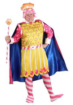 a man dressed as a clown holding a candy cane and wearing a yellow costume with pink stripes