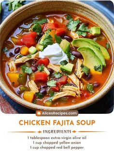 chicken fajita soup in a bowl with avocado and sour cream on top