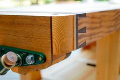 a close up view of the top of a wooden table