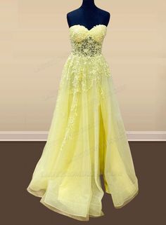 Yellow Prom Dress Aesthetic, Yellow Grad Dresses, Pale Yellow Prom Dress, Fairytale Prom Dress, Prom Dress Aesthetic, Yellow Prom Dress, Yellow Prom, Orange Dresses, Deb Dresses