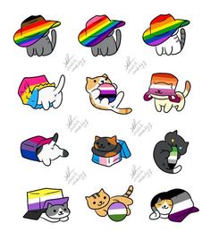 many different kinds of cats with hats on their heads and tails, all in rainbow colors