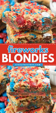 A simple 4th of July dessert featuring soft and chewy blondie bars! This easy 4th of July recipe lets you have the BEST cookie bars EVER. Loaded with patriotic sprinkles and M&Ms, these Fireworks Blondies are incredible! Easy Blondie Recipe, Blue Foods, Blondies Recipe Easy, Patriotic Recipes, Cookie Brownies, Bars Dessert, Blondie Recipe, Sweets Ideas, Cheesecake Brownie