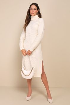 Cozy times are in your future when you've got the Lulus Snuggly Forecast Cream Cable Knit Turtleneck Sweater Midi Dress! Chunky ribbed knit shapes this winter-ready dress that has a ribbed turtleneck and long sleeves. Cable knit panel accents the front, continuing down to a midi hem with side notches. Fit: This garment fits true to size. Length: Knee to mid-calf length. Size medium measures 45" from shoulder to hem. Bust: Great for any cup size. Waist: Loosely Fitted. Hip: Loosely Fitted. Underg Runway Scout, Knitted Winter Dress, Dress Runway, Sweater Midi Dress, Cable Knit Turtleneck, Cable Knit Dress, Casual Formal Dresses, Cable Knit Turtleneck Sweater, Lulu Fashion