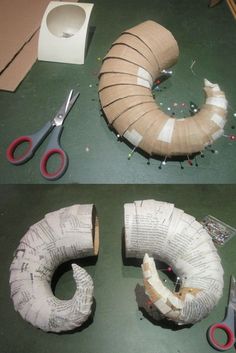 two pictures of paper machs and scissors on a table