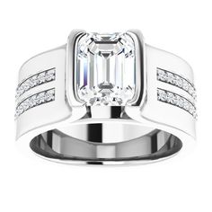 This elegant ring features 1/5 ctw. of brilliant diamonds that reach down the band. A 0.25 ct. or larger square, round, emerald, cushion, asscher or oval shape stone can be set with this ring. Luxury Asscher Cut Diamond Ring With Accent Stones, Diamond White Asscher Cut Diamond Ring With Accent Stones, Modern Asscher-cut Diamond Emerald Ring, Modern Asscher Cut Diamond Emerald Ring, Modern Emerald Ring With Center Stone, Formal Asscher-cut Diamond Ring With Accent Stones, Formal Asscher Cut Diamond Ring With Accent Stones, Luxury Emerald Ring With Diamond Channel Set, Luxury Emerald Diamond Ring With Channel Set