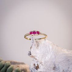 Genuine ruby and diamond modern ring set in 10k yellow gold. This ring is truly one of a kind!  Three brilliant-cut rubies surrounded by fine diamonds and placed on a beautifully delicate gold band make this ring a truly timeless piece. -Diamond Weight: 0.35ct -Diamond Quality: I1 / G Color  -Birthstone: April -Diamond Properties: Faithfulness, Purity and Innocence -Birthstone: July -Ruby Properties: Passion, Protection and Wealth -Gift packaging included in all orders -Made in Canada -Woman-Own Ruby Ring With Pave Setting As Gift, Ruby Rings With Pave Setting For Anniversary, Yellow Gold Ruby Ring With Diamond Accents For Promise, Three Stone Ruby Ring In Yellow Gold, Promise Ring With Rose Cut Diamonds And Lab-created Ruby, Gift Ruby Ring With Pave Setting, Gold Ruby Ring With Half Eternity Design, Gold Ruby Ring Half Eternity Style, Ruby Three Stone Ring For Promise