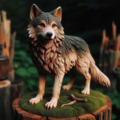 a figurine of a wolf standing on top of a stump