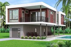 this is a 3d rendering of a modern house in the middle of a tropical setting