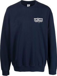 logo-print oversize jumper from Sporty & Rich featuring logo print at the chest, logo print to the rear, crew neck, long sleeves, ribbed cuffs, ribbed hem, navy blue/white and cotton.