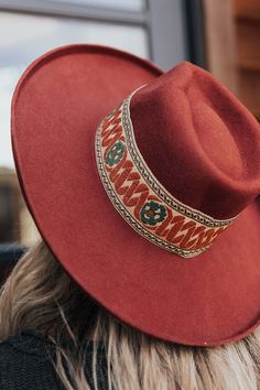 You will look like you hit the fashion lottery when you top off your look with this boho inspired dark rust hued fedora featuring lightweight wool material, a curved 4-inch brim, and a wide embroidered accent band! Hat Dimensions: Length - 15.5 Inches Width - 14 Inches Height - 4.5 Inches Cranial Circumference - 22 Inches Red Fedora Felt Hat For Fall, Adjustable Burgundy Hat For Fall, Burgundy Flat Brim Felt Hat For Fall, Burgundy Fedora Hat For Fall, Fall Festival Felt Hat With Short Brim, Bohemian Felt Hat For Western-themed Fall Events, Adjustable Burgundy Fall Hat, Burgundy Brimmed Fedora For Fall, Burgundy Fedora Felt Hat For Fall