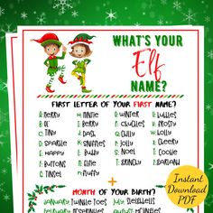 an elf's letter to your first name is displayed on a green background with snowflakes