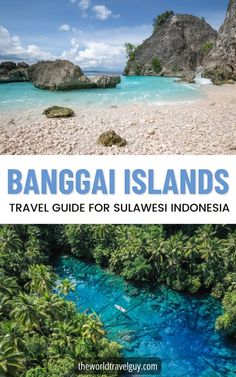 an island with blue water and palm trees in the foreground text reads bangga islands travel guide for sulavesi indonesia