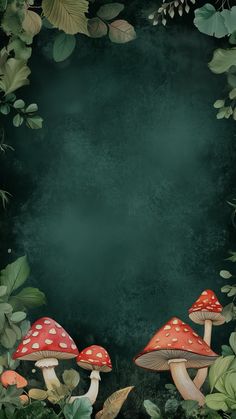 two mushrooms in the forest with green leaves and plants around them on a dark background