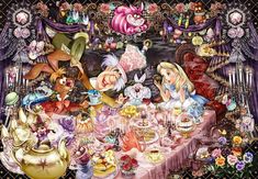 alice and the wonderland tea party is depicted in this painting by artist mark mcroe