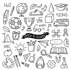 back to school hand drawn doodles on white paper with black and white background illustration