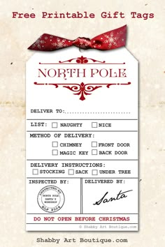 a christmas gift tag with a red bow on it and the words north pole written in white