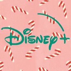 the word disney plus surrounded by candy canes on a pink background with green lettering