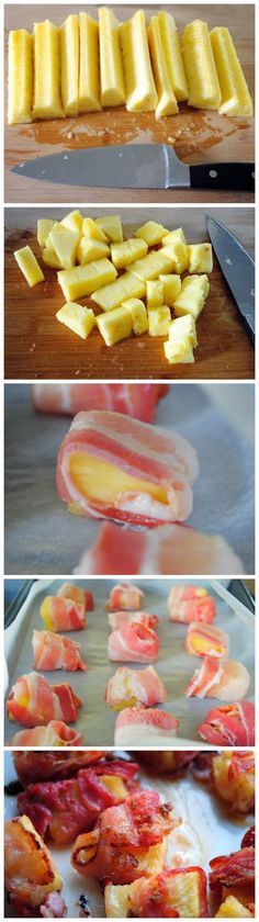 the process of making bacon and pineapple slices on a sheet of aluminum foil,