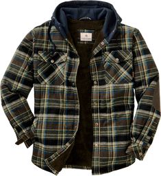 This unique hooded flannel shirt jac takes it up a notch! Lined with a thick super soft berber and insulated with poly-fill for those times when a jacket is too much. Features a 100% cotton flannel shell for softness and durability fleece lined hood and Signature Buck snaps throughout. Finished with smooth lined quilted sleeves for easy-wearing comfort and durable elbow patches for the rugged outdoors. Lined Flannel Shirt, Quilted Sleeves, Hooded Flannel, Mens Flannel Shirt, Flannel Jacket, Mens Flannel, Long Sleeve Tops Casual, Elbow Patches, Plaid Jacket