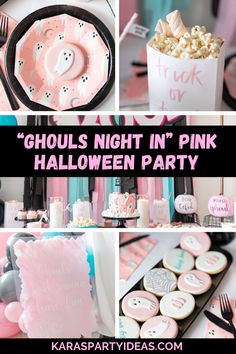 ghouls night in pink halloween party with cupcakes, cookies and marshmallows