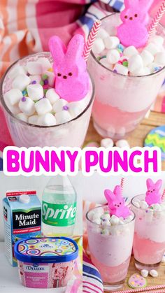 bunny punch recipe with marshmallows and candy in the cups for kids to make