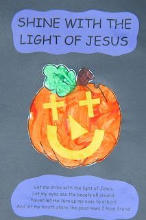 a child's drawing of a pumpkin with the words shine with the light of jesus