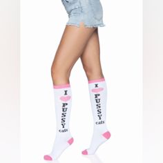 Knee High Socks Cute White Socks With Letter Print, Cute White Cat Design Socks, Casual Pink Hosiery, Trendy White Knee-high Hosiery, Playful Fitted White Socks, Tall Boot Socks, Color Block Heels, Knee Highs, Tight Sweater