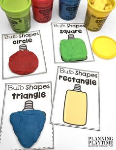 four different shapes and colors for the shape matching game with ice cream, popsicles, and strawberries