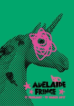 a pink and green poster with an image of a unicorn on it's face