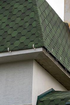 a bird is perched on the roof of a building with a green tiled roof top