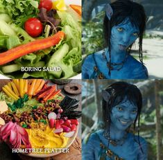 three different pictures of people with blue paint on their faces and body, one is holding a plate full of vegetables