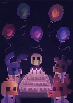 a group of pixelated people standing in front of a cake with candles on it