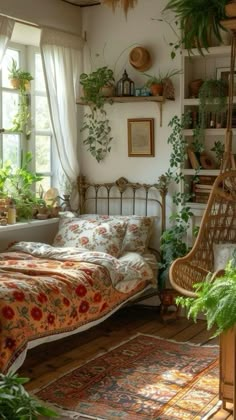 a bedroom with lots of plants in it