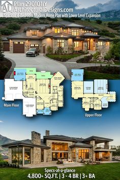 two story house plan with 3 car garage and attached living room, dining area and kitchen