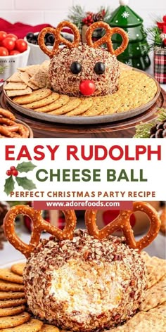 Make your Christmas party magical with this easy Rudolph Reindeer Cheese Ball! This kid-friendly, make-ahead appetizer is perfect for the holiday season. Made with a creamy cheese ball base and topped with pretzel antlers, it's an easy recipe that will delight everyone at your holiday gathering. Whether you're planning a Christmas-themed event or just need a simple holiday snack, this festive cheese ball is a crowd-pleaser. Perfect for any holiday spread! Reindeer Themed Food, Christmas Themed Appetizers, Christmas Themed Snacks, Cream Cheese Log, Rudolph Christmas Party, Misfits Christmas, Christmas Tree Cheese, Christmas Tree Desserts, Christmas Party Snacks