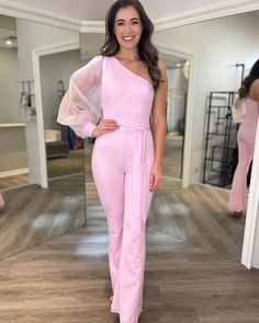 one shoulder satin pink jumpsuit with long tulle sleeves Pink Fitted Formal Jumpsuit, Pink Long Sleeve Jumpsuit For Sleep, Custom Jumpsuit, Pink Single-breasted Long Sleeve Pantsuit, Chic Pink One-shoulder Jumpsuit, Summer Pink Long-sleeve Jumpsuits And Rompers, Floral Print Prom Dress, Junior Formal Dresses, Evening Dress Collection