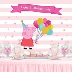 peppa pig birthday party with pink and white striped wallpaper, balloons and cupcakes