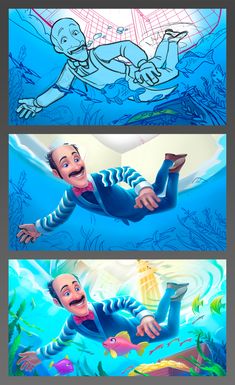 two cartoon images with one man diving in the water