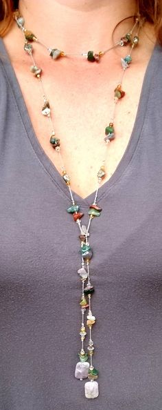 "So natural and pretty! This silk hand knotted lariat features jasper and is surrounded by  shimmering beads. The lariat is created with beige silk. Each lariat is created upon order. There may be slight variations in the beads. This lariat does not have a clasp. Simply wrap the necklace around your neck (so most of the necklace is behind you), then wrap bring both ends around to the front of your neck. Criss cross and flip one end over to make a Y and complete the necklace. Once worn, lariats l Hand Knotted Necklace, Heart Anklet, Knotted Necklace, Beige Silk, Wrap Necklaces, Y Necklace, Jasper Necklace, Diy Wire Jewelry, Jewelry Fashion Trends