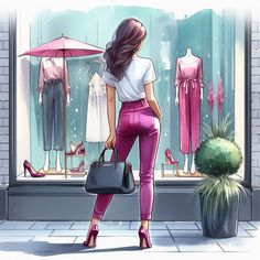 a woman standing in front of a store window with pink pants and high heels on