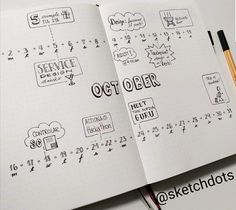 an open notebook with doodles on it and the words october written in black ink