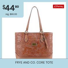 This Frye and Co. women's tote bag combines heritage styling with a contemporary finish. Made from an embossed floral patterned material with a faux leather trim, this large bag has a magnetic snap closure, multiple pockets and interior compartments to stow your phone and small essentials, plus gold-tone hardware details. Wear it to work or weekend outings. Closure Type: Magnetic SnapPockets: 1 Inside Zip Pocket, 2 Inside Cell Phone Pockets, 1 Front Slip PocketMetal Color: Gold ToneMeasurements… Leather Tote Shoulder Bag With Signature Hardware, Leather Shoulder Tote Bag With Signature Hardware, Leather Tote Bag With Signature Hardware, Leather Bags With Signature Hardware For Daily Use, Everyday Bags With Signature Hardware, Leather Shoulder Bag With Signature Hardware, Shoulder Bag With Signature Hardware, Everyday Leather Shoulder Bag With Signature Hardware, Leather Shoulder Bag With Signature Hardware For Everyday Use