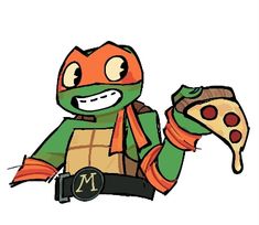 a drawing of a teenage mutant holding a slice of pizza