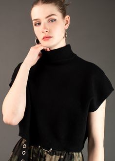 Soft Acrylic Model is 5'11 Classic Cropped Winter Tops, Classic Cropped Tops For Winter, Fitted Casual Cropped Mock Neck Top, Fitted High Neck Cropped Sweater, Ribbed Stretch High Neck Cropped Sweater, Edgy Cotton Cropped Crew Neck T-shirt, Mock Neck Sweater, Private Event, Mock Neck