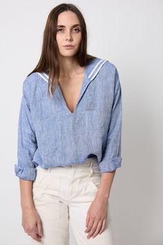 Pullover shirt with trimmed sailor collar, shaped hem, dropped shoulders, and patch pocket. Super cute tucked into jeans. Pre-washed and pre-shrunk. 100% hemp. Sailor Shirt, Blue And White Shirt, Sailor Collar, Vacation Beach, Pullover Shirt, Linen Shirt, White Shirt, Chambray, Drop Shoulder