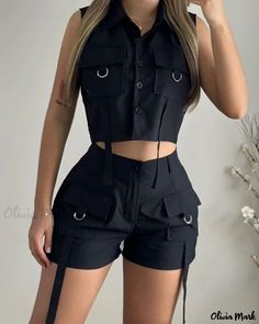 Olivia Mark - Button-Down Collar Top and Shorts Set with Pocket Detailing Casual Black Button-up Bottoms, Black High Waist Utility Shorts, Black Utility Shorts For Summer, Utility Black Shorts For Summer, Casual Black Shorts With Button Closure, Black High-waisted Shorts With Buttons, Black High Waist Shorts With Buttons, Black Summer Pants With Button Closure, Black Buttoned Bottoms For Summer