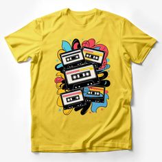 Vintage Cassette Tapes 80s Retro Music Graphic T-Shirt, Colorful Pop Art Design Tee, Unisex Male T-Shirt Custom graphic T-Shirt.Customize your color Casual Graphic T-shirt For Music Festival, Yellow Graphic Print Band Merch Top, Music Festival Graphic Crew Neck Tops, Graphic Design Crew Neck Top For Music Festivals, Graphic Crew Neck Top For Music Festivals, Yellow Graphic Tee With Graffiti Print, Multicolor Graphic Band Merch T-shirt, Multicolor Band Merch T-shirt With Graphic Print, Vintage Graffiti Print T-shirt For Concert